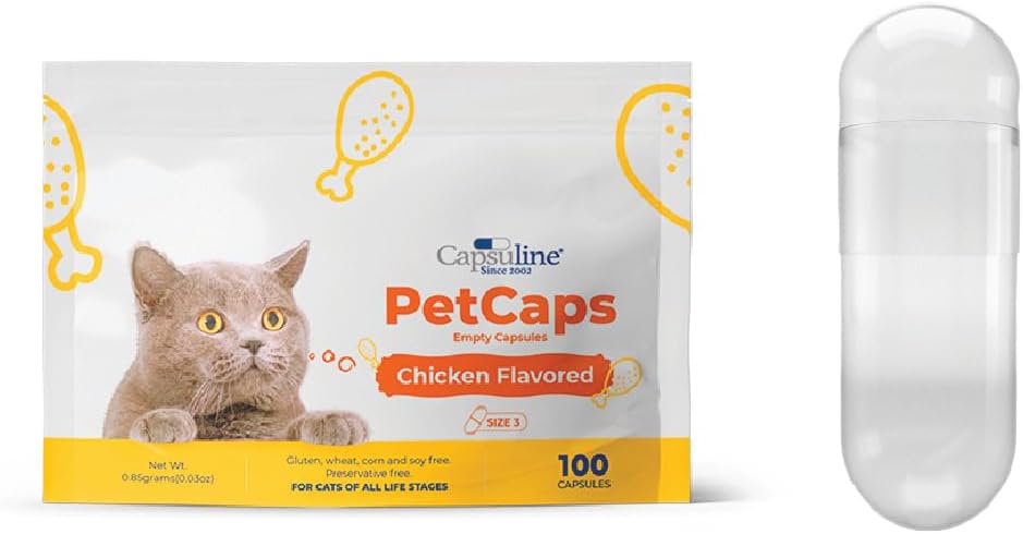 Capsuline PetCaps Taille 3 Capsules de gélatine vides pour les chats de toutes les étapes de la vie, aromatisé poulet - 100 Count.