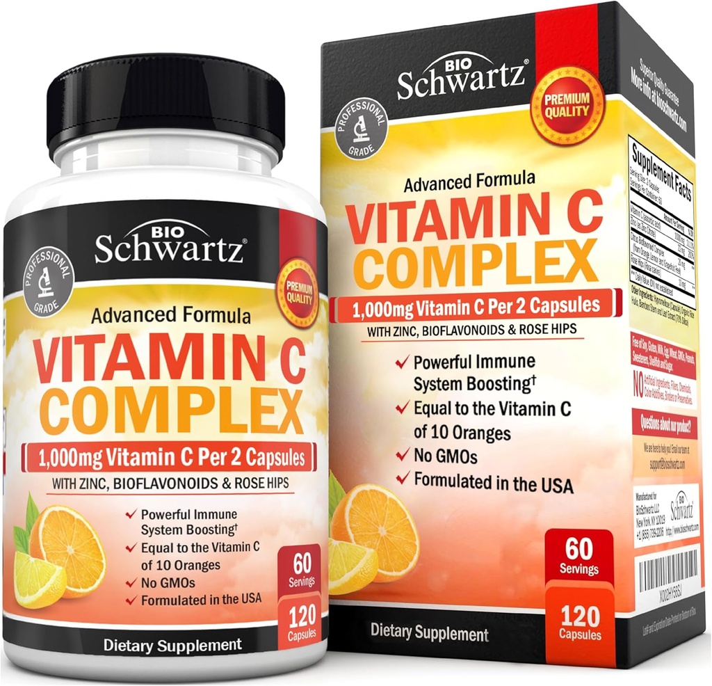 Supplément complexe de vitamine C de BioSchwartz - Capsules de vitamine C de 1000mg avec du zinc et des agrumes de Rose HIPS Bioflavonoïdes pour la santé immunitaire, énergie cellulaire, production de collagène, 120 Compte (60 jours d'approvisionnement)