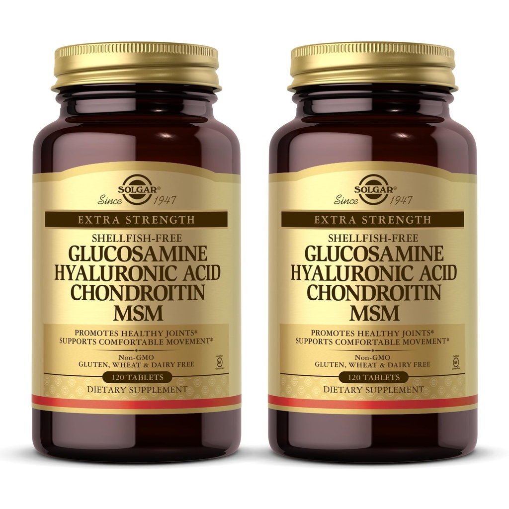 Solgar Glucosamine Acide hyaluronique Chondritine MSM - 120 comprimés, paquet de 2 - favorise des articulations saines, soutient le mouvement confortable - non-OGM, sans gluten - 80 portions totales