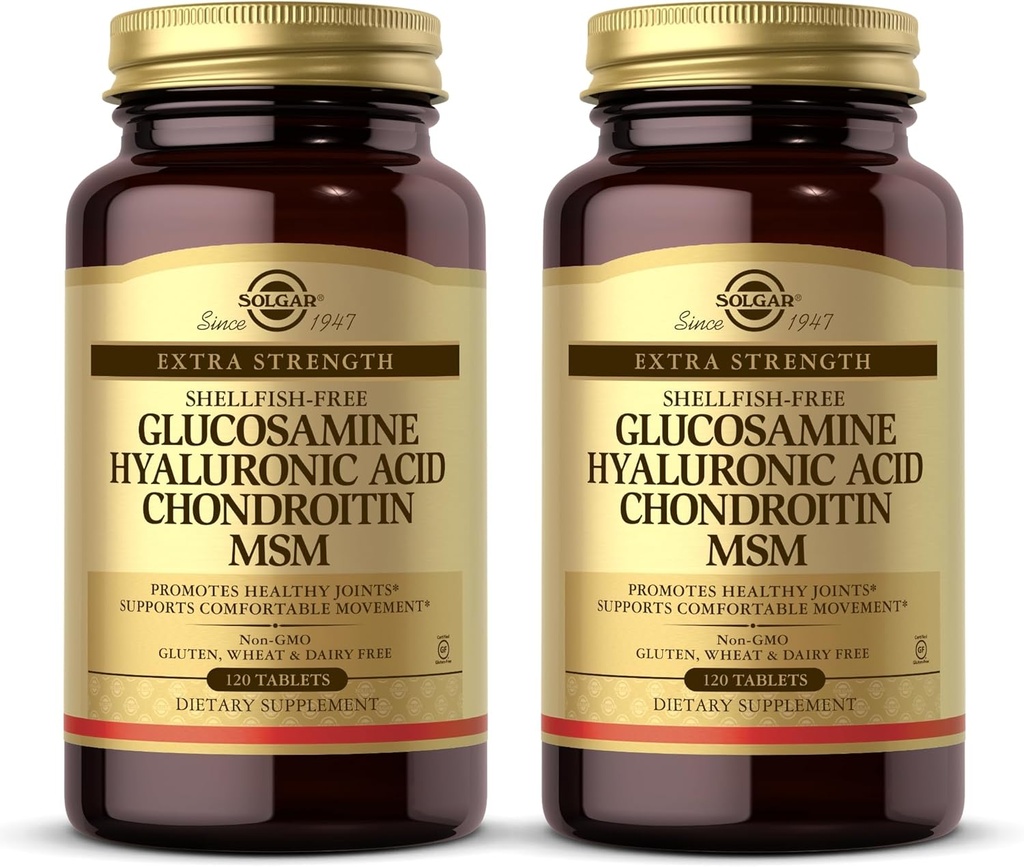 Solgar Glucosamine Acide hyaluronique Chondritine MSM - 120 comprimés, paquet de 2 - favorise des articulations saines, soutient le mouvement confortable - non-OGM, sans gluten - 80 portions totales