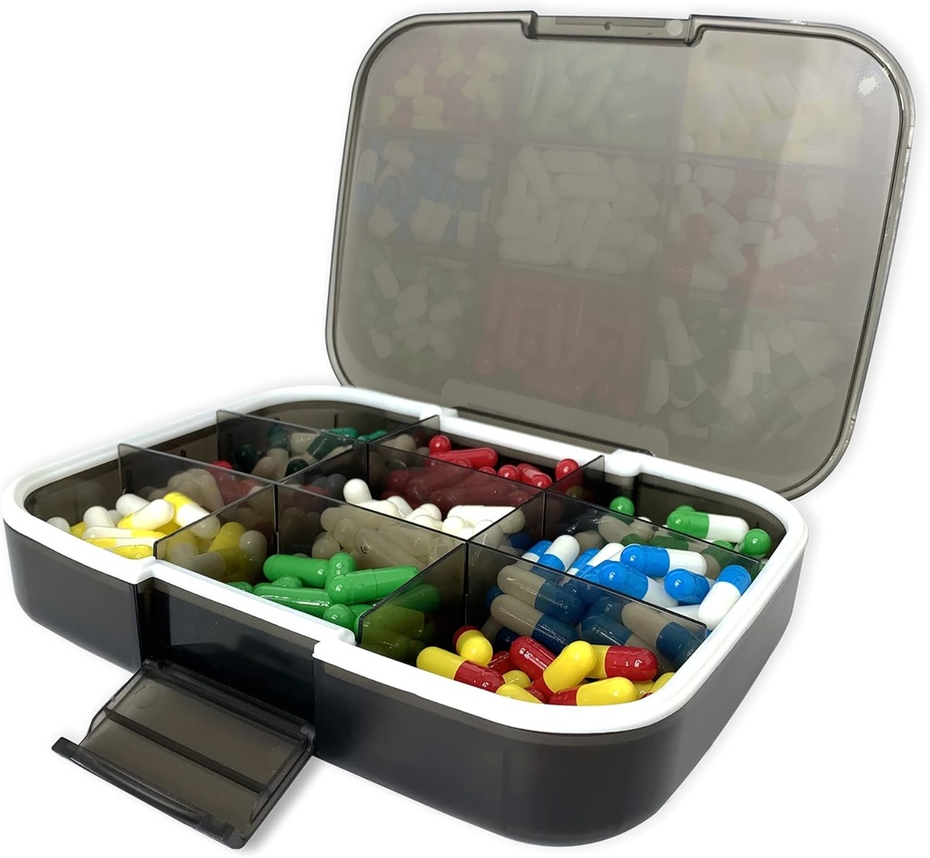 Grand organisateur de pilules, 7.7x5.7" Travel Vitamine Box Lightproof 9 Compartiments Portable Pill Cases Suppléments Distributeur Moisture Proof Pill Holder