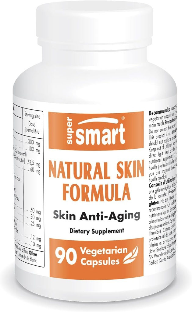 SuperSmart - Formule de peau naturelle (haute puissance) - avec acide hyaluronique, collagène, élastine, céramides, silice - hydratation de la peau et élasticité