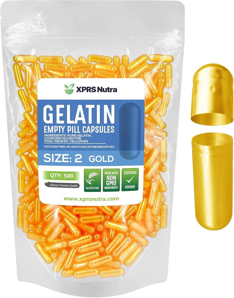 XPRS Nutra Taille 2 Capsules vides - 500 Compte Capsules de gélatine vides - Pills Bricolage Capsule Remplissage - Pure Pilule Gel Caps pour Do-It-Youlf Suppléments (Or)