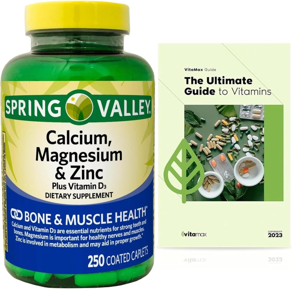 Calcium, magnésium, zinc et vitamine D3. Guide exclusif de vitamine + Spring Valley Calcium, magnésium et zinc plus vitamine D3 Supplément alimentaire, 250 Compte