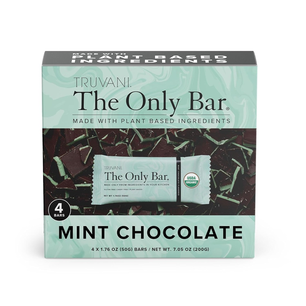 Truvani à base de plantes Snack Bars de chocolat Mint 4 Pack de 7g de protéines USDA biologique et végétalien Le seul bar de lait, de soja et sans gluten