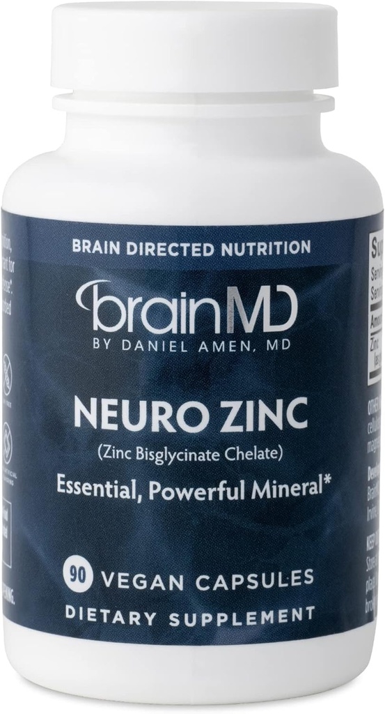 BRAINMD Dr Amen Neuro Zinc - 90 capsules - 25 mg de chélate de bisglycinate de zinc - Sans gluten - 90 portions