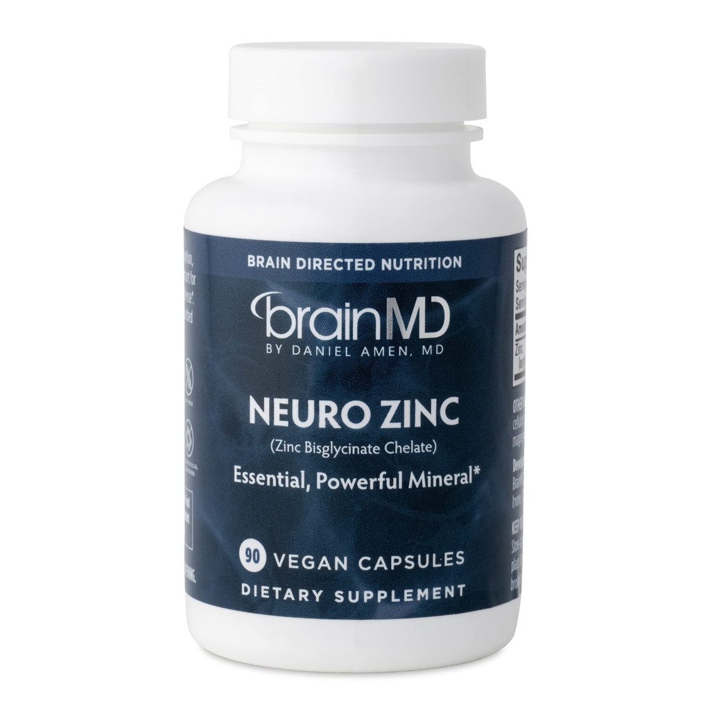 BRAINMD Dr Amen Neuro Zinc - 90 capsules - 25 mg de chélate de bisglycinate de zinc - Sans gluten - 90 portions