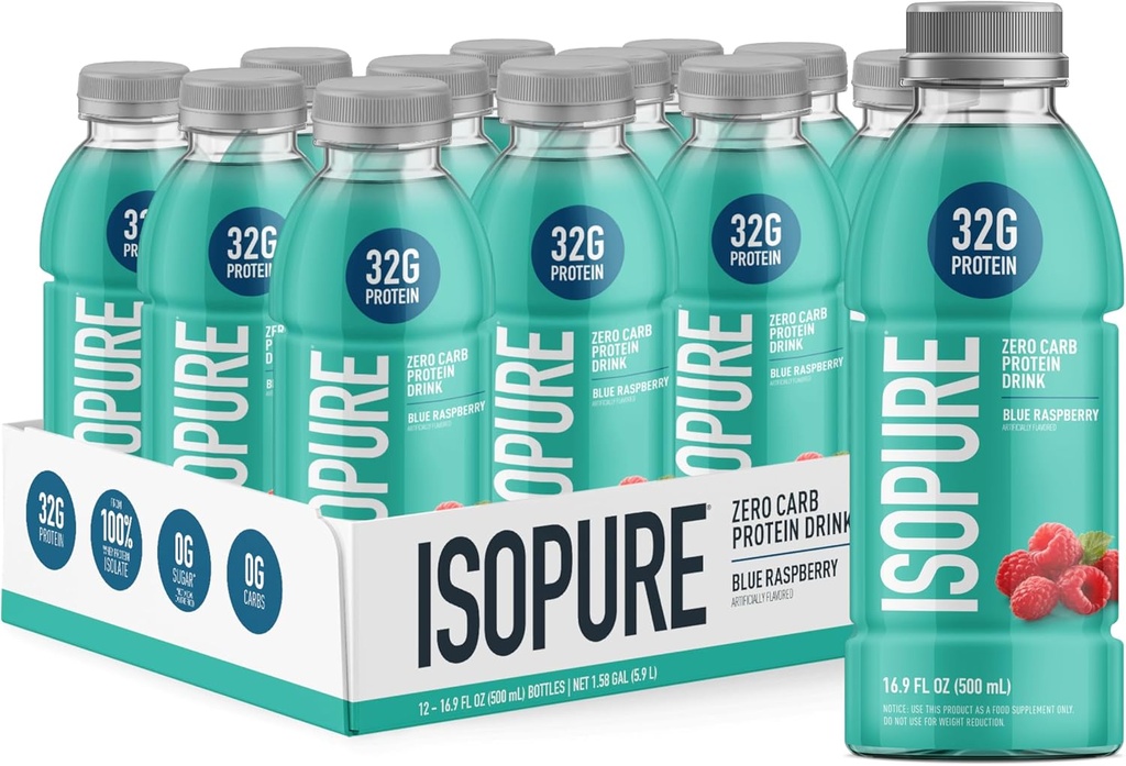 Isopure Zero Carb 32g Clear Protein Ready-to-Drink, Whey Protein Isolate, Blue Raspberry, 12 Pack (Packaging May Vary)