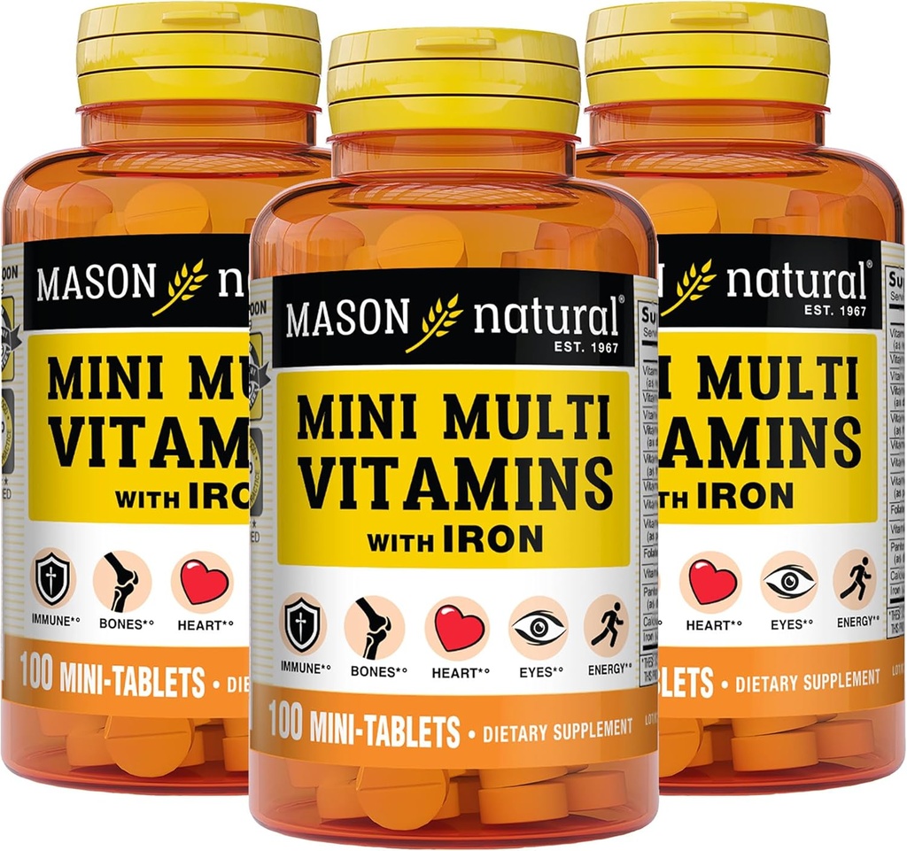 Mason Vitamines multiples quotidiennes naturelles avec fer, vitamines A, C, D, E, B1, B2, B3, B6, B12, Folate et calcium pour la santé globale, 100 comprimés (paquet de 3)