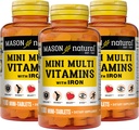 Mason Vitamines multiples quotidiennes naturelles avec fer, vitamines A, C, D, E, B1, B2, B3, B6, B12, Folate et calcium pour la santé globale, 100 comprimés (paquet de 3)