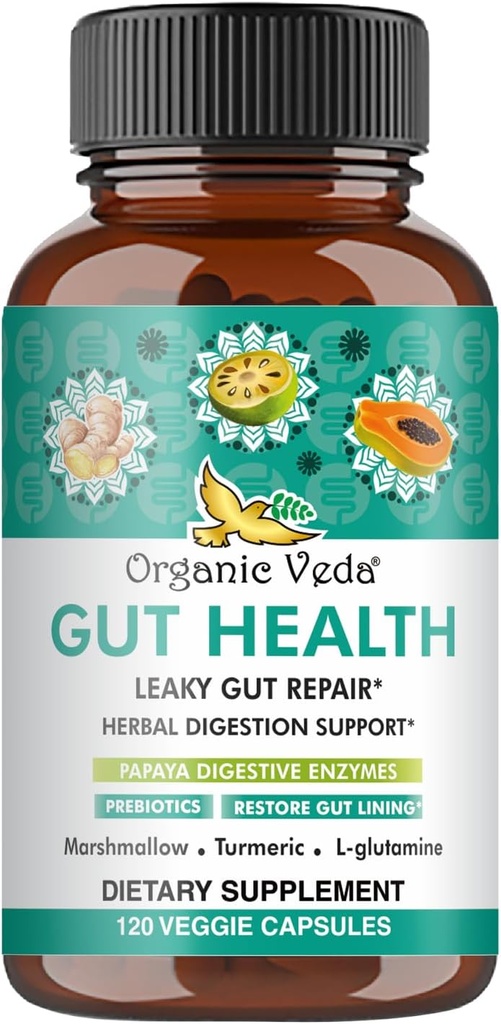 Supplément de guit curcuma Veda Marshmallow biologique - Santé de la digestion, entretien de la réparation et du nettoyage de la guit maigre - Enzymes digestifs Papaya, Prébiotiques, L-Glutamine, Banane Verte, Psyllium Husk - 120 Capsule