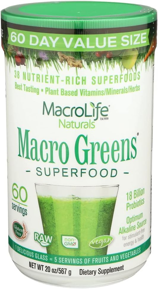 MacroLife Naturals Macro Greens Powder 38 Superfood Probiotic Antioxidant Enzyme & Herbal Supplement Immunity Energy Cleanse - Non-GMO Vegan Gluten-Free Dairy-Free - 60 Servings