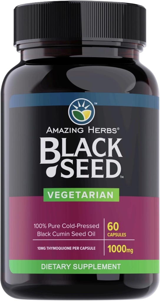 Amazing Herbs Black Seed Oil Capsules - Black Seed Oil Pills, Black Cumin Seed Oil Capsules, Supplément Nigella Sativa pressé à froid, Black Seed Oil, Non OGM, 100% Pure - 60 Capsules végétariennes, 1000 mg