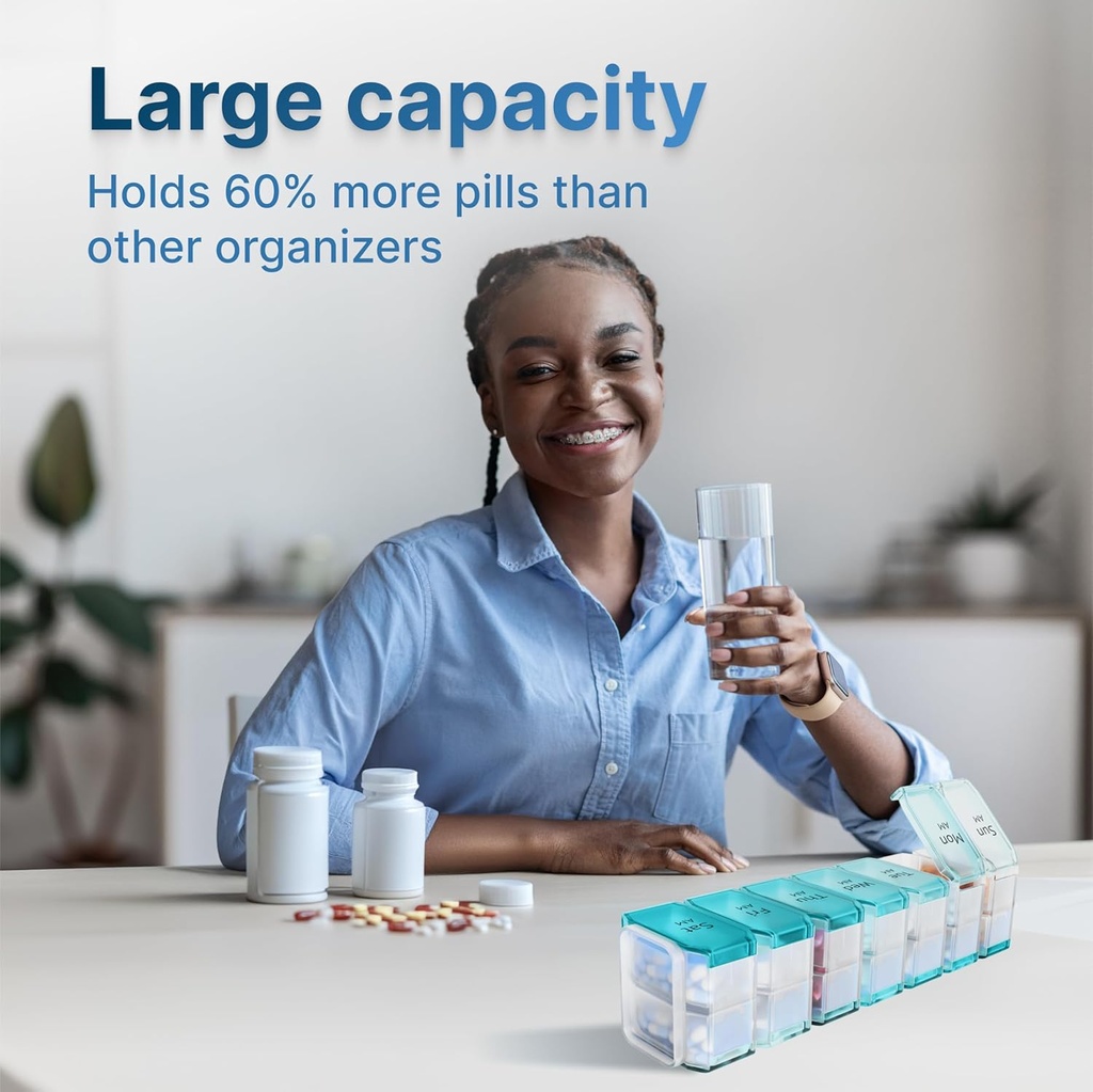 Extra Large Pill Organizer 2 fois par jour – XL Pill Box 7 Day with Big AM/PM Compartiments – convient aux grandes vitamines, suppléments et gommes, pour une utilisation de 7 ou 14 jours, codé en couleur, Amies des aînés, Pas de déversements