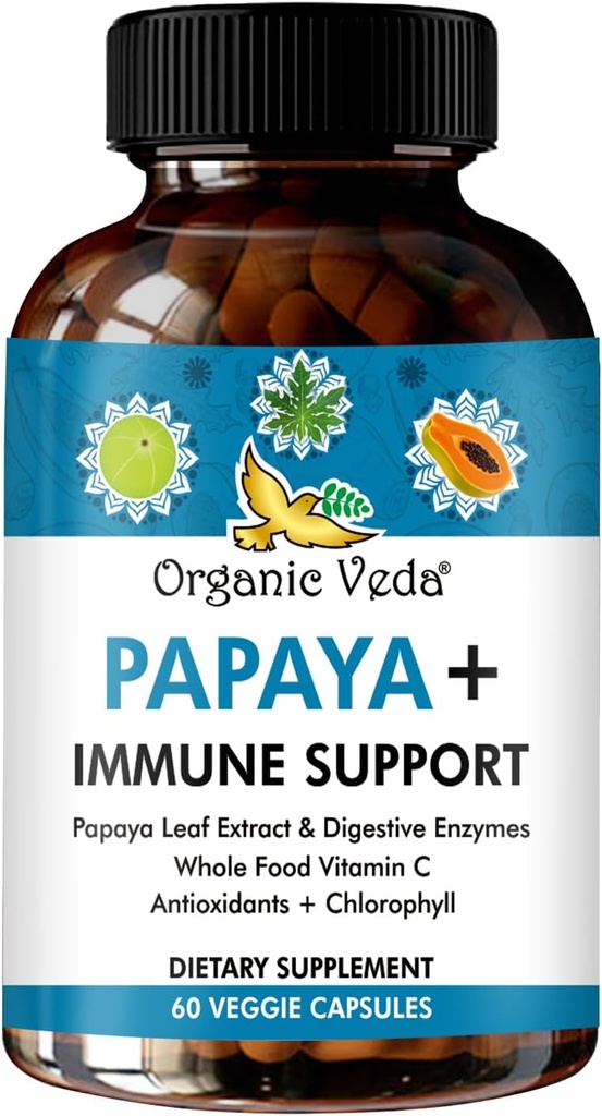 Supplément biologique Veda Papaya Leaf Plus - Capsules de Super Extraction de Plaquette de Sang avec Enzymes Digestifs Papaya, Chlorophylle, Extrait de Graines de raisin, Vitamine C - Broie osseuse et Santé Gut - 60 ct