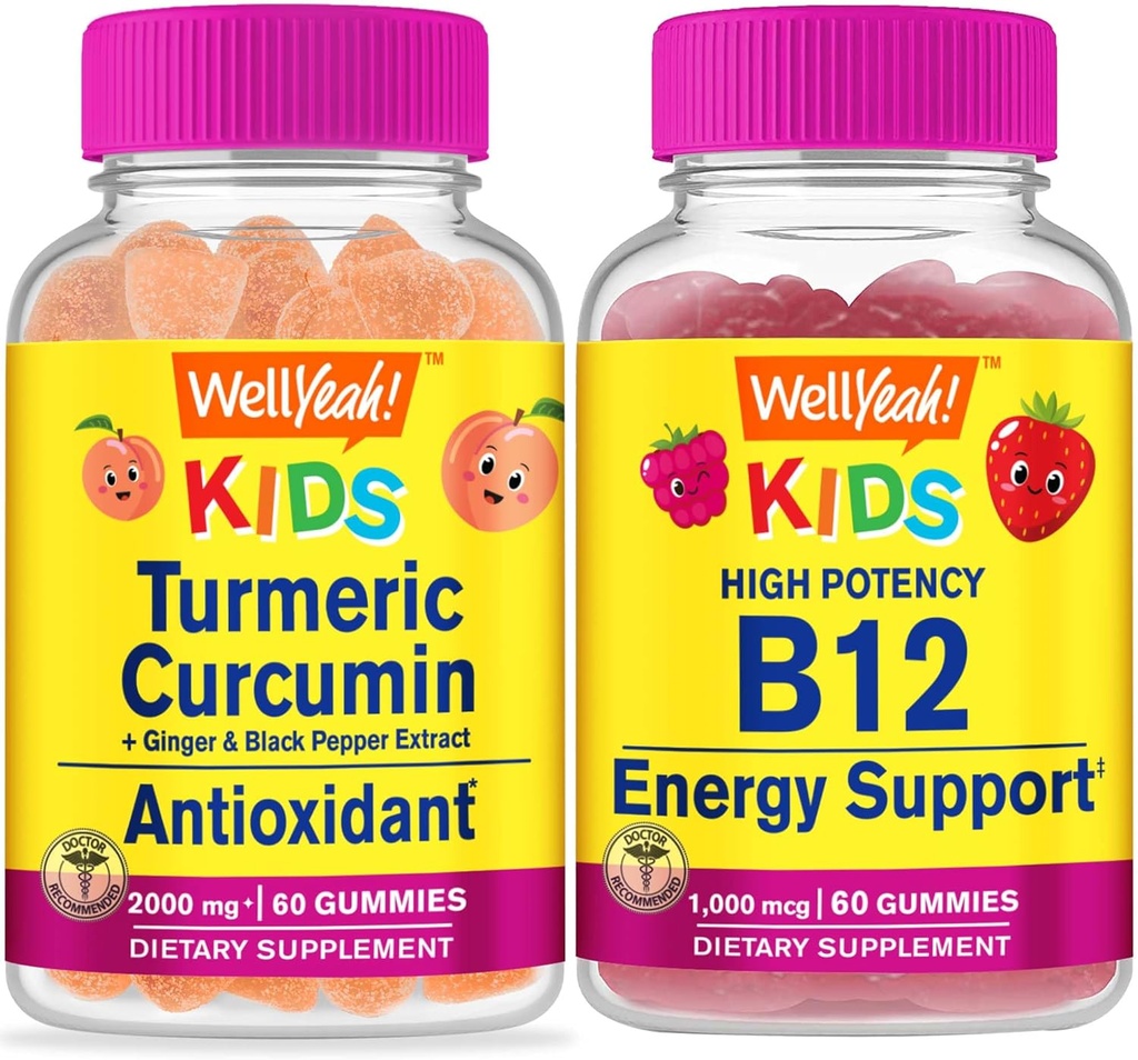 Eh bien oui Curcumine curcumine curcuma pour enfants + Vitamine B12 pour enfants, Gummies Bundle - Grande dégustation, supplément de vitamine, sans gluten, sans OGM, gummy à croquer