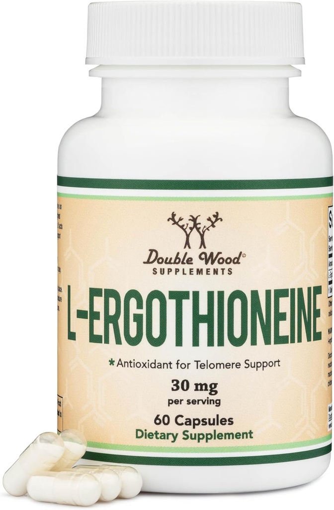 Supplément à l'ergothioneine (EGT) 30mg de L-ergothioneine pure à base végétale par gélule, 60compte (peut soutenir la longévité et le vieillissement en santé) Non-OGM, sans gluten, sans végétalien par double bois