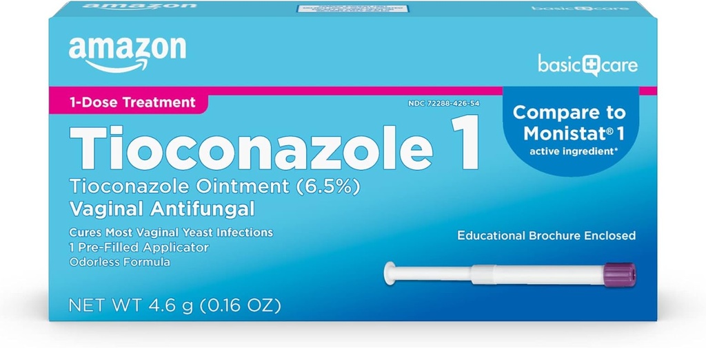 Amazon Basic Care Tioconazole Ointment 6.5 Percent, 1-Dose Treatment, Vaginal Yeast Infection Treatment For Women, Feminine Care, 0.16 ounce (Pack of 1)