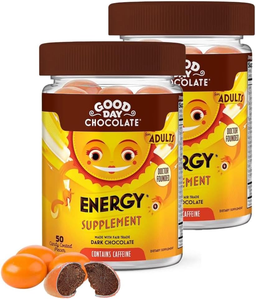 Good Day Chocolat Suppléments d'énergie pour adultes [2 Pack] Chocolat caféine équitable avec B-Vitamines, Extraits de thé vert et 20 mg de caféine par pièce - Energy Booster pour les femmes et les hommes