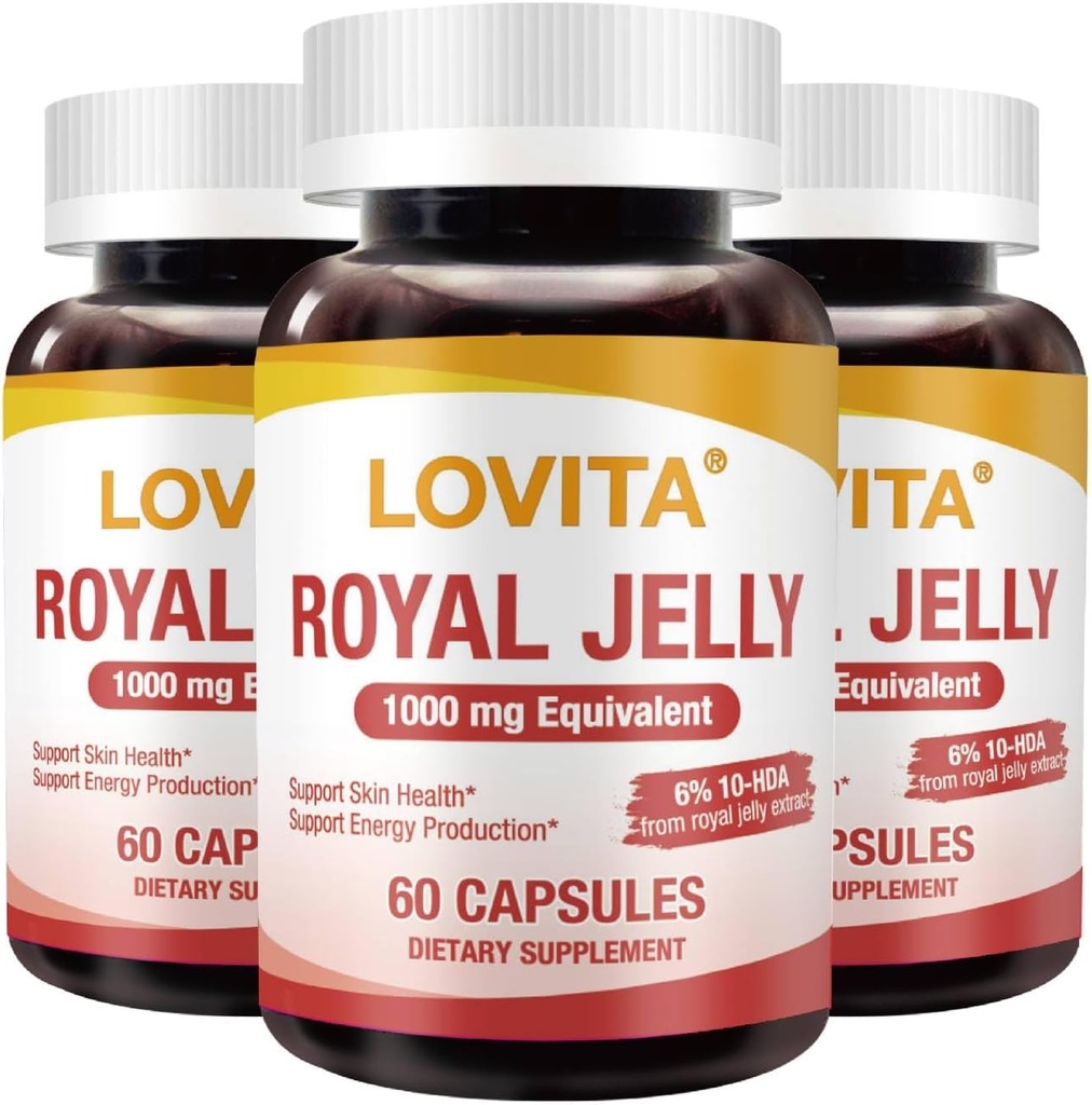 Lovita Royal Jelly 333 mg, 3:1 Concentré, avec 20mg 10-HDA, Source naturelle Super aliment, soutient la santé de la peau et la production d'énergie, 60 Capsules (paquet de 3)