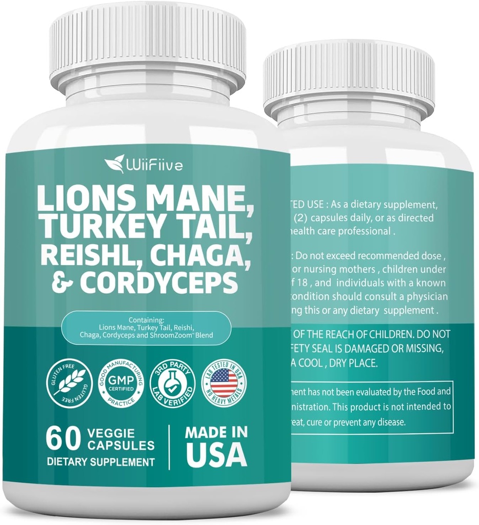 Lions Mane 3000mg Turquie Tail 3000mg Reishl 1000mg Chaga 1000mg Cordyceps Extrait de poudre contenant Maitaake Shiitake Fungus noir, Supplément de sang, Suppléments minéraux, 60 Capsules