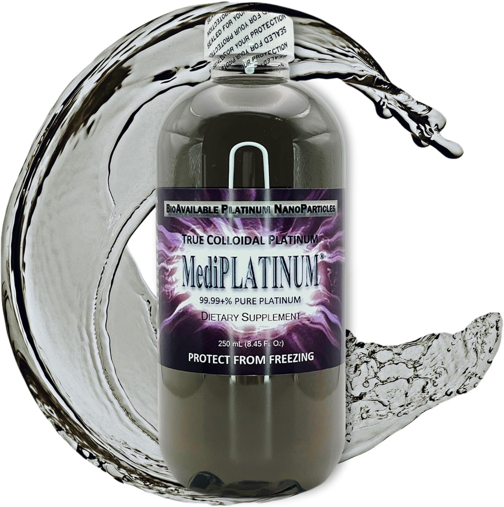 Mediplatinum Vrai supplément alimentaire colloïdal platine - 250 mL (8,45 Fl Oz) dans une bouteille en plastique sans BPA claire
