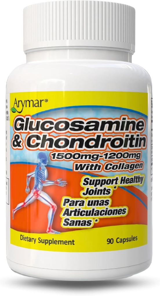 ARYMAR Glucosamine 1500 mg et Chondroïtine 1200 mg avec Collagène – Supplément Santé Joint – 90 Capsules