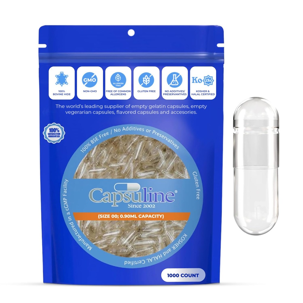Capsuline Size 00 Separated Empty Gelatin Capsules, Clear - 1000 Count | Gluten Free, Kosher, Non-GMO Certified | Pure Bovine Pill Caps for DIY Supplement Filling