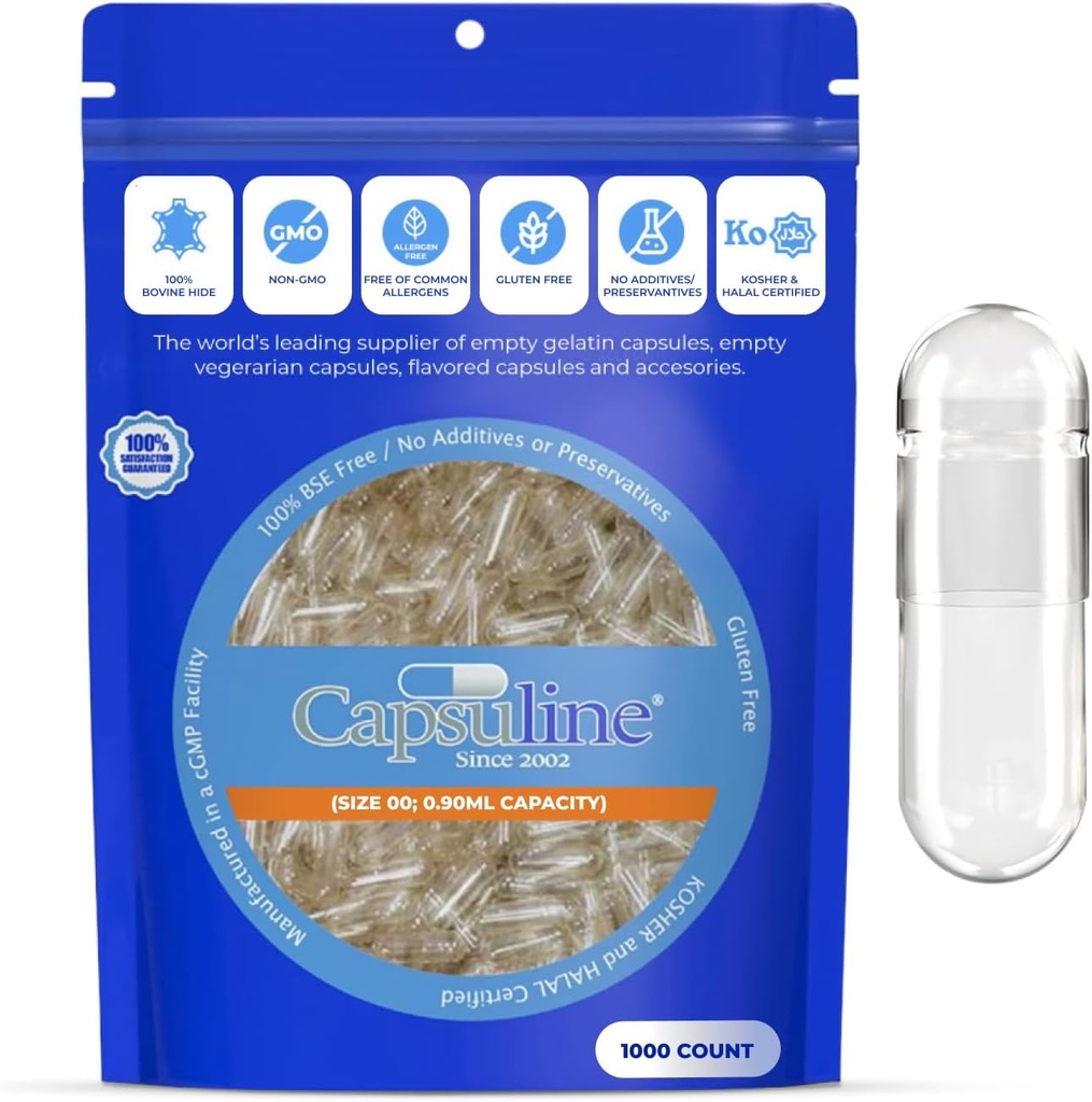 Capsuline Taille 00 Capsules de gélatine vides séparées, claires - 1000 Count.