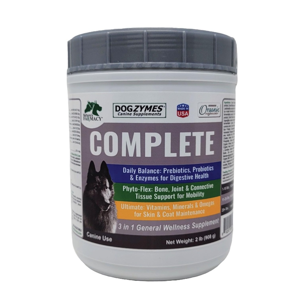 Dogzymes Complète - Probiotiques, Prébiotiques, Glucosamine, Chondroïtine, MSM et acide hyaluronique, soin complet de la peau et du manteau (2 livres)