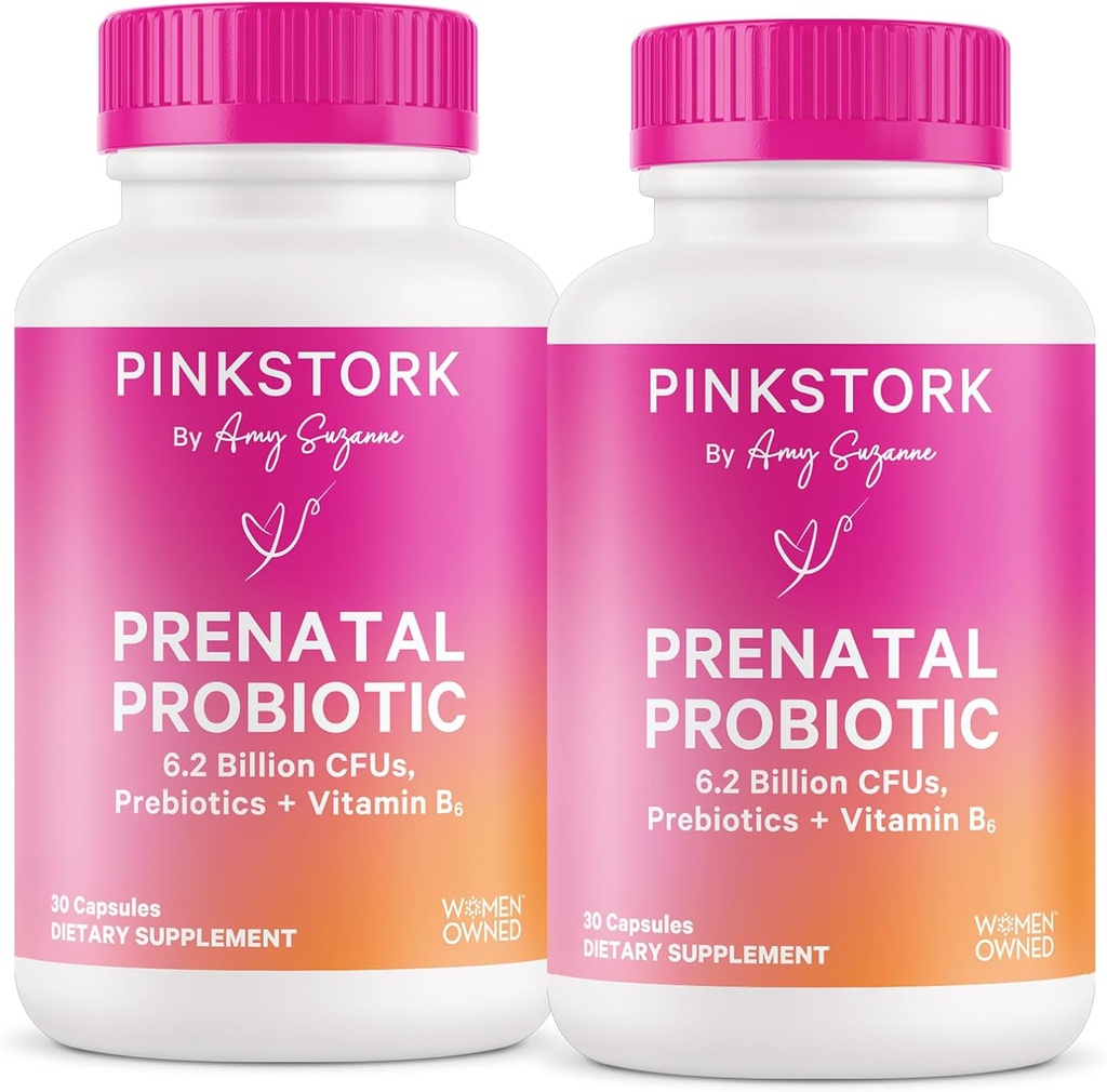 Pink Stork Probiotiques prénatals pour les femmes avec la vitamine B6 et prébiotiques - Maladie du matin, microbiome de Gut, et soutien immunitaire - Grossesse Probiotique - Grossesse doit avoir, 60 Capsules