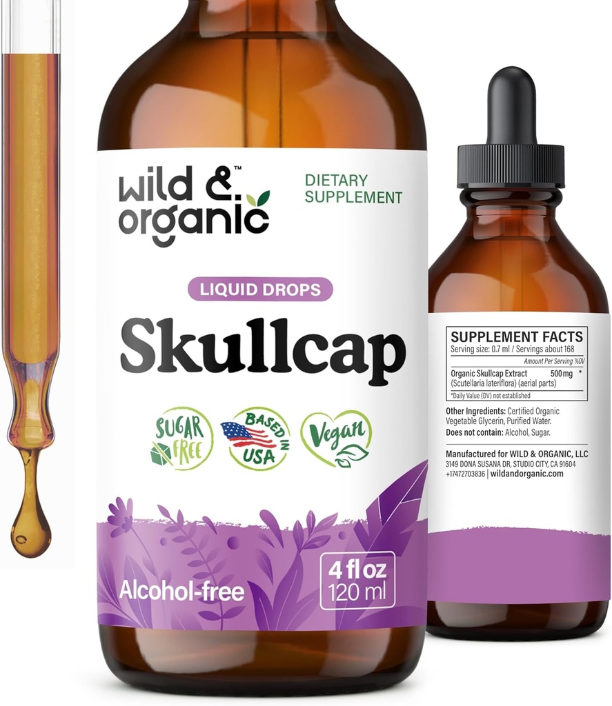 Wild & Organic Skullcap Herb Tincture - Skullcap Supplement for Mood Support - Relaxing Liquid Extract Drops - Vegan, Sugar & Alcohol-Free - 4 fl oz