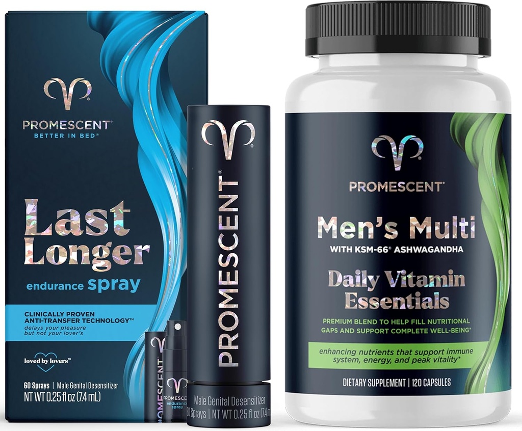 Promescent Desensitizing Delay Spray for Men Clinically Proven to Help You Last Longer in Bed + Multivitamin for Men, Vitamin B12, Vitamin C, Vitamin D3, KSM-66 Ashwagandha, Quality Mens Multivitamins