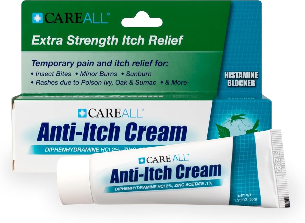 CareAll Anti-Itch Cream 1.25oz Histamine Blocking, Diphenhydramine HCI 2% a Topical Analgesic & Zinc Acetate 0.1% a Skin Protectant Provide Temporary Pain and Itch Relief from Common Outdoor Itches