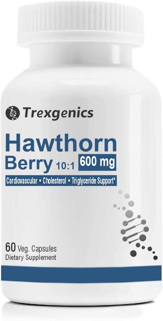 Trexgenics Hawthorn Berry 600 mg Cardiopathie, Cholestérol, triglycérides, soutien de la pression artérielle Vegan & non-OGM (60 gélules) (paquet de 1)