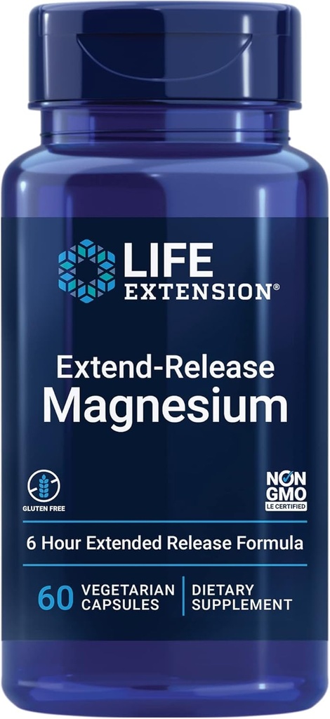 Life Extension Extend-Release Magnesium, prolonged Heart & Bone Health Support, Cardiovascular & Blood Pressure Health Support, bioavailable Formula, Gluten-Free, Non-GMO, Vegetarian, 60 Capsules