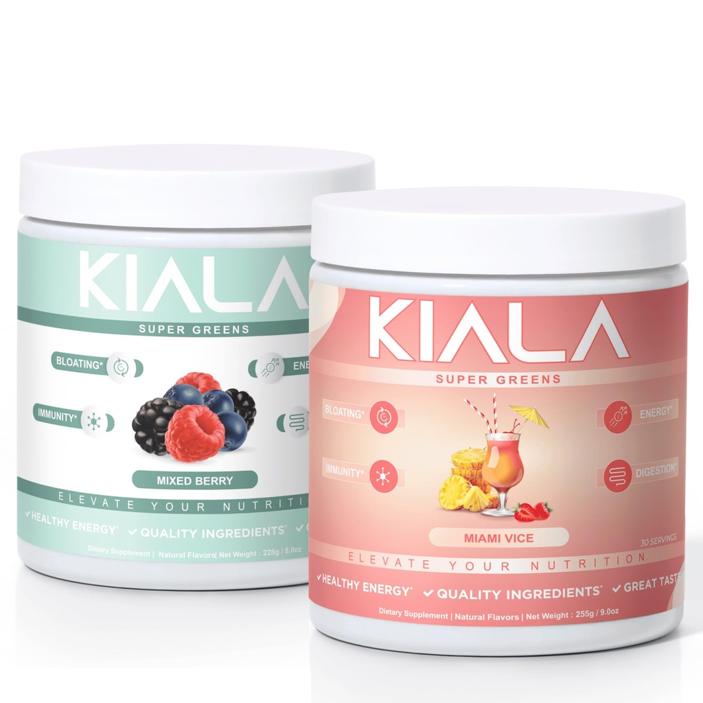 Kiala Nutrition Super Verts, Verts organiques Poudre, Spiruline et Chlorella Superfood Poudre, Vegan sans sucre et sans gluten, Spectra Blend, Mixed Berry & Miami Vice, 2 Pack
