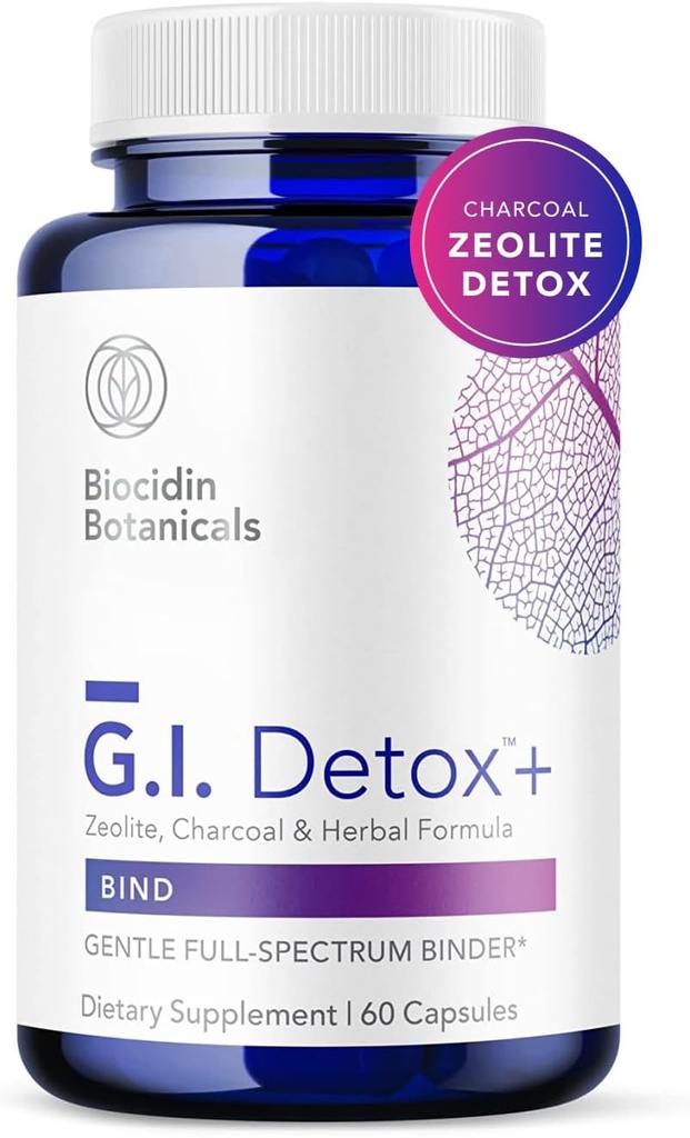Biocide G.I. Detox+ Actived Charcoal Binder & Zeolite Detox Suppléments avec Silica - Aide Bind & Clear Toxins - Prend en charge le nettoyage complet du corps et peut réduire le gonflement (60 capsules)