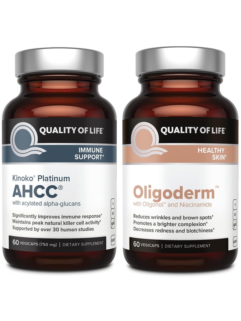 Qualité de vie avec extrait de champignons Kinoko Platinum AHCC et Oligoderm avec extrait de lychee Oligonol - Immune Support Skin Health Bundle