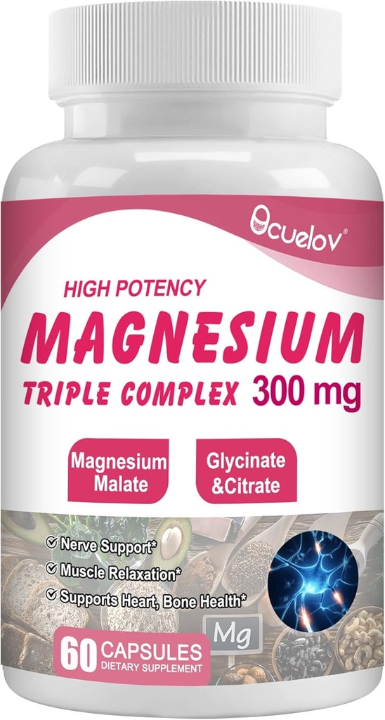 Supplément triple complexe de magnésium, 300mg Complexe de magnésium (glycinate, malate et citrate) pour muscles, nerfs, os et énergie