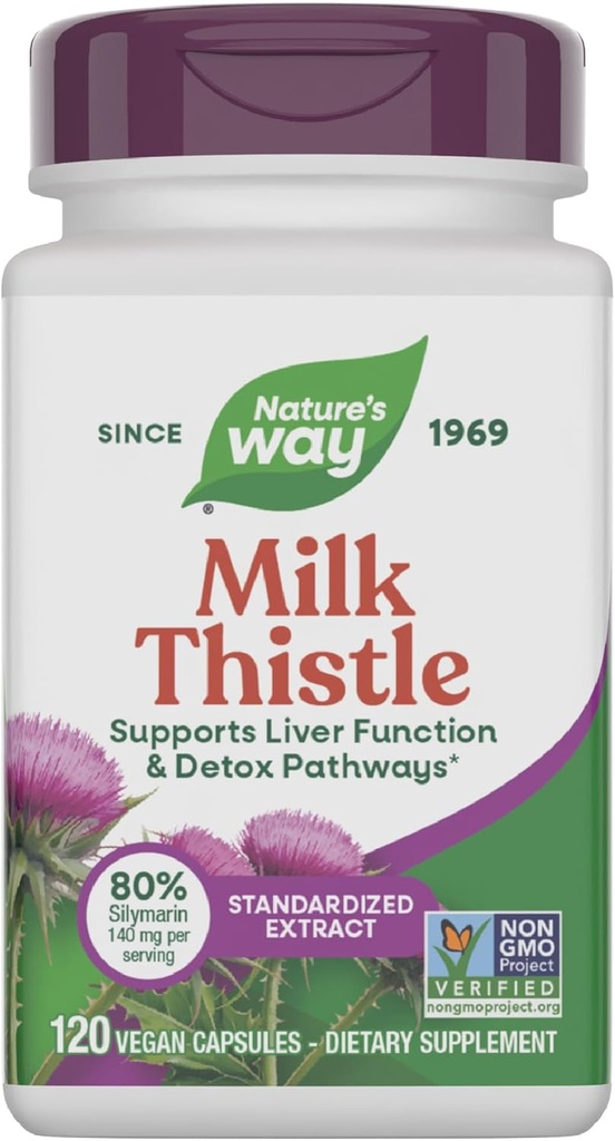Nature's Way Thistle de lait, soutient la fonction hépatique et les sentiers de désintoxication*, 175 mg Extrait de graines de chardon de lait normalisé à 80% Silymarin par portion, végétalien, 120 capsules (paquetage mai vary)