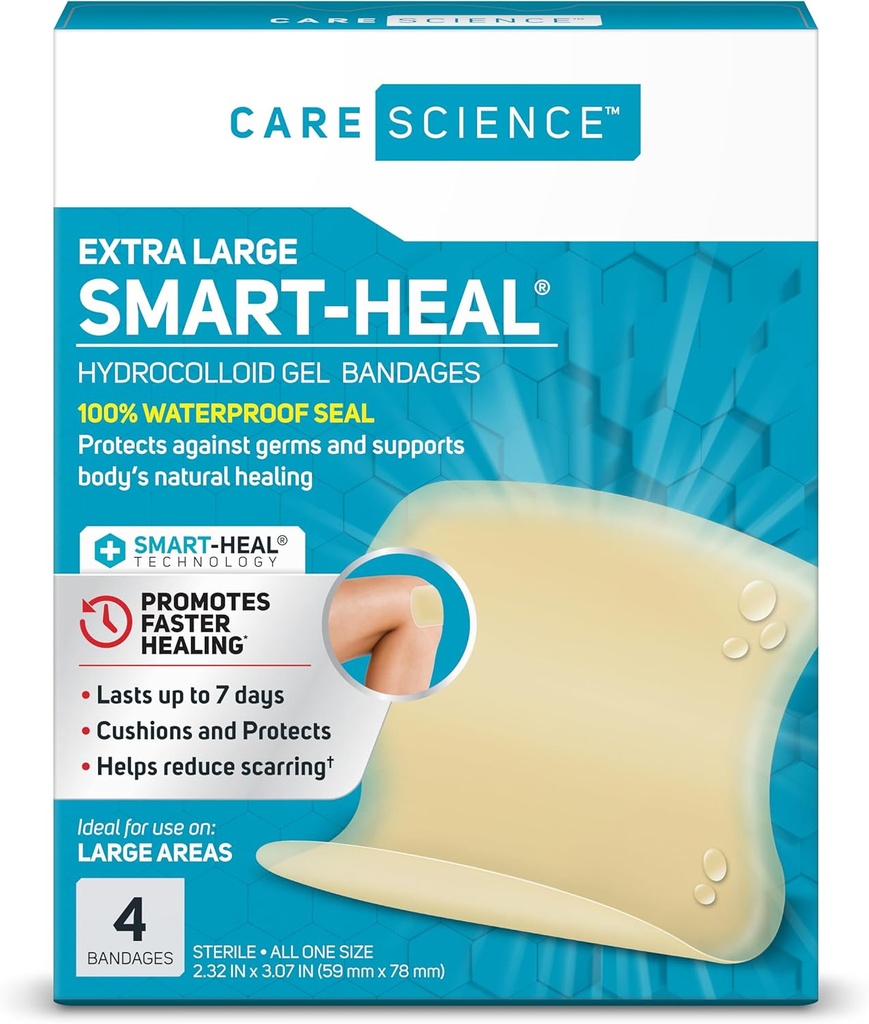 Care Science Smart Heal Hydrocolloïd, Large, 2.3 in x 3 in, 4CT Exclusivité 100% Etanche Seal favorise la guérison, réduit les cicatrices