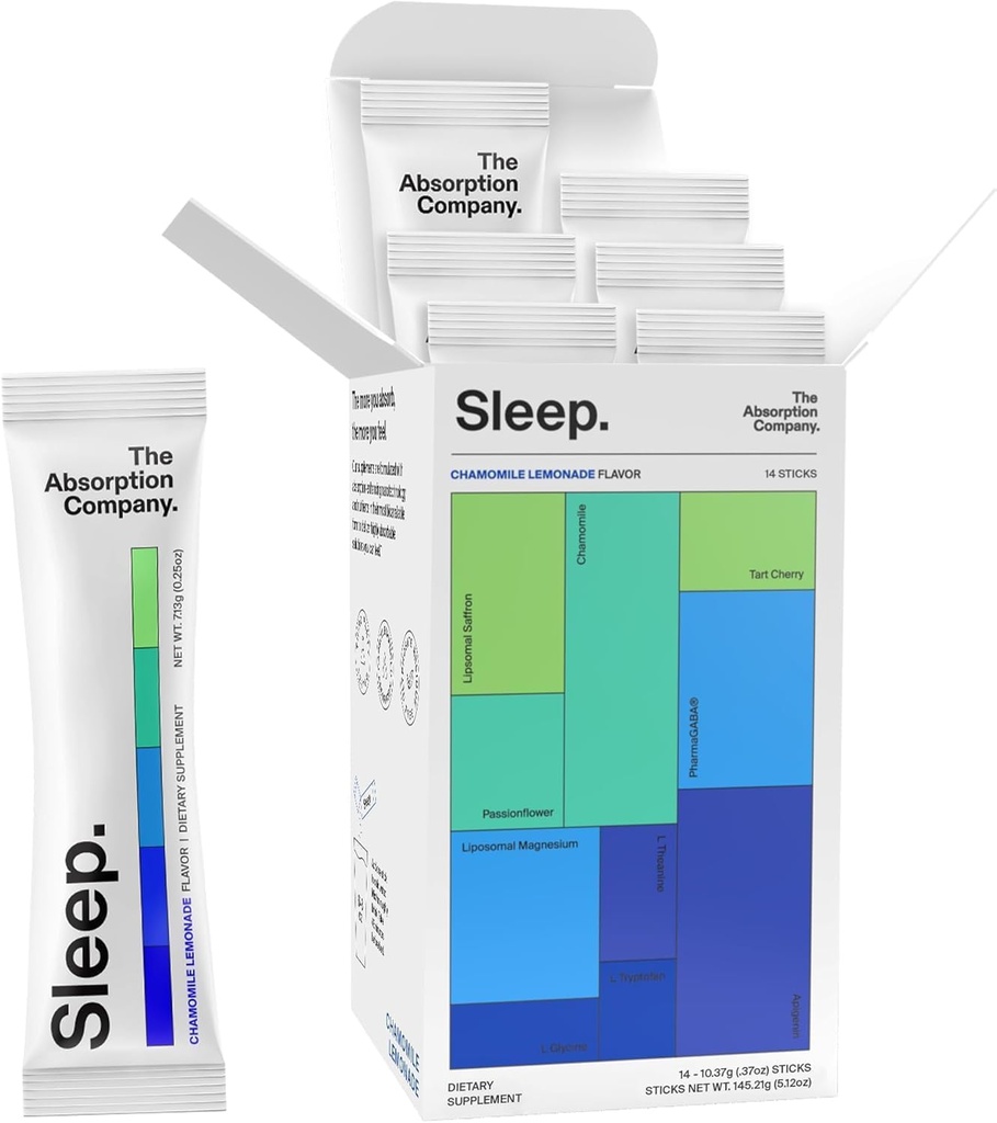 Poudre d'aide au sommeil - boisson calmante pour un sommeil profond avec safran liposomique, magnésium et PharmaGABA supplément naturel sans mélatonine pour réduire le stress et améliorer la qualité du sommeil Camomile Lemonade 14 bâtons
