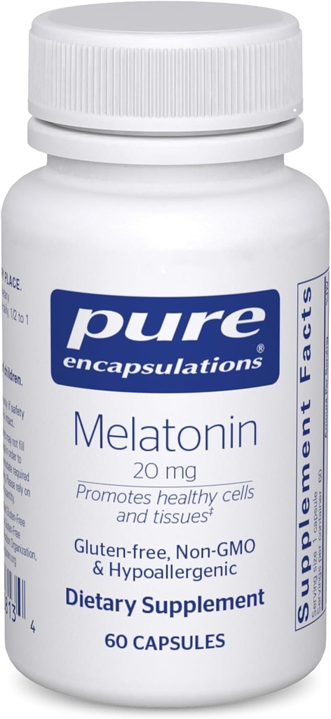 Encapsulations pures Mélatonine 20 mg - Non destiné au soutien du sommeil - pour le système immunitaire et les cellules saines - 99,5 % Mélatonine de pureté - Sans gluten et sans OGM - 60 capsules