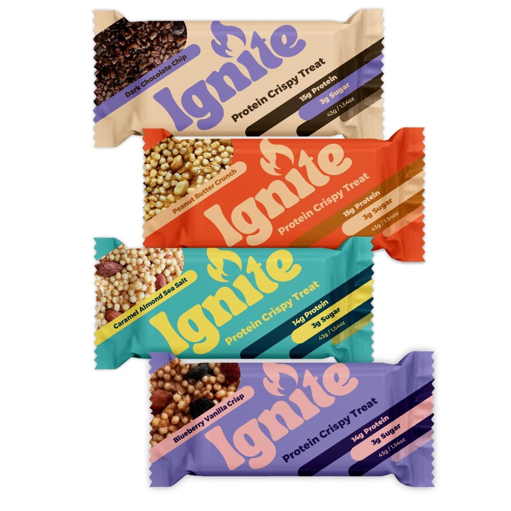 Barres d'ignite Snacks à haute teneur en protéines, Snacks à faible teneur en protéines de sucre, Snacks sains pour les adultes et les enfants, Fibre Bar Crispy Treats – sans gluten, Paléo & individuellement enveloppé Power Boost Protein Bars