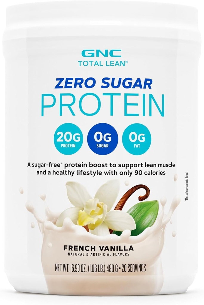 GNC Total Lean Zéro poudre de protéines de sucre, 20g, Pas de sucre, Pas de gras, 90 calories, Vanille française, 20 portions