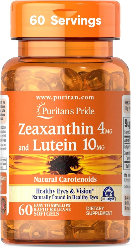 Puritan's Pride Zeaxanthin 4mg avec LutigoldTM Lutein 10mg Caroténoïdes, supplément alimentaire pour les yeux sains et la vision, 60 softgels à libération rapide facile à avaler