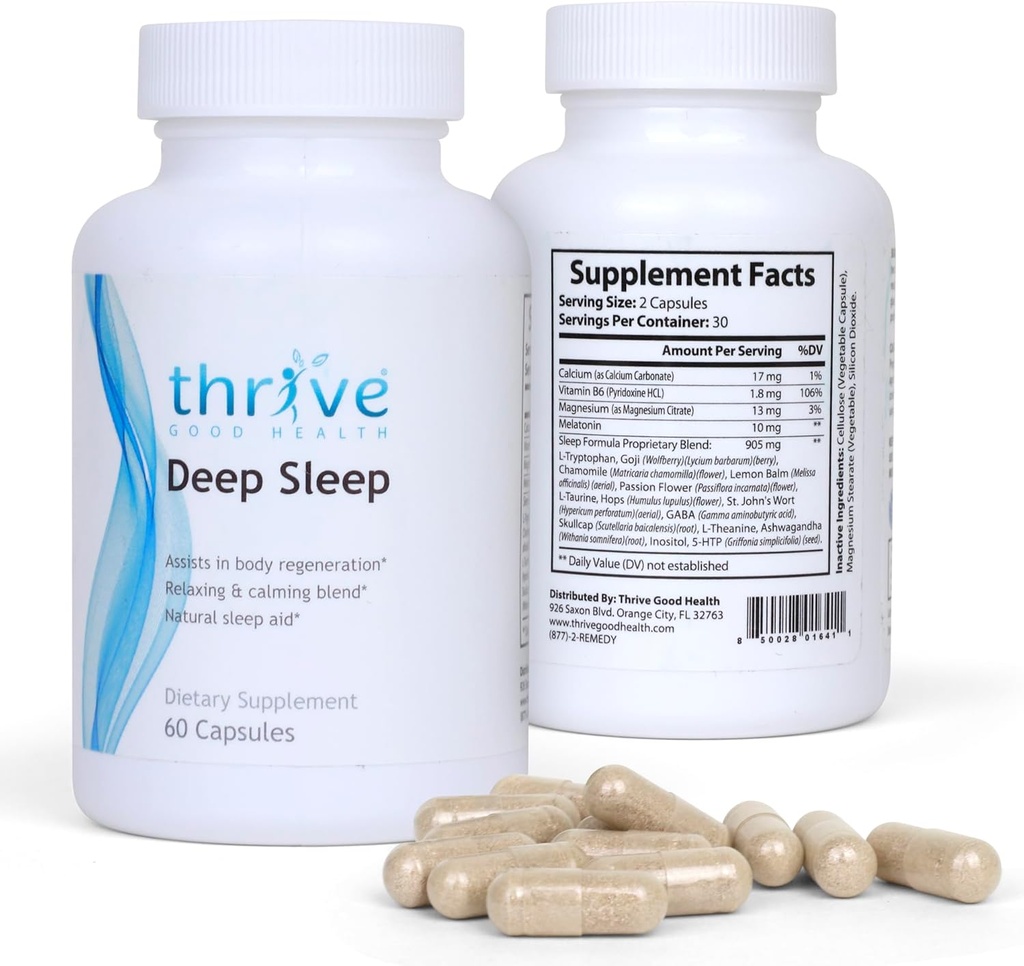 Thrive Bon sommeil profond - Supplément sommeil avec carbonate de calcium, vitamine B6, Magnésium - Formule d'aide au sommeil avec Mélatonine, L-Tryptophane, 5-HTP, Inositol, Extraits de plantes naturelles - 60 Capsules de Veggie