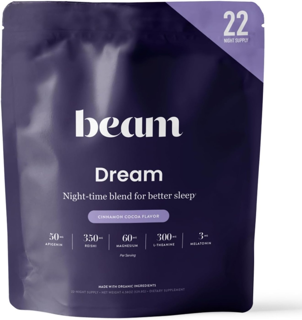 Beam Dream Sleep Powder, L-Theanine, Apigenin, Reishi et Magnésium, troisième partie testé aide et supplément de sommeil naturel pour le sommeil profond, relaxation et récupération, soutien de sommeil naturel, 22 portions