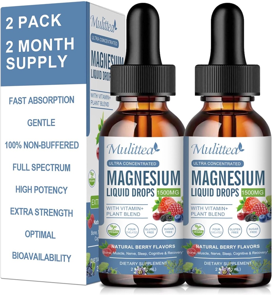 Drop liquide de Glycinat de magnésium - Supplément triple absorption pour soutenir les nerfs, la nuit, le cœur, les muscles Métabolisme* -Sans sucre avec potassium, L-thénine, Moss de mer Vitamine B,C,D3, K2-2